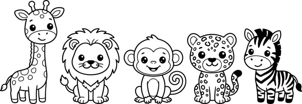 Cute safari animals line art vector illustration set featuring kawaii cartoon giraffe lion monkey leopard and zebra for kids coloring page book activity design