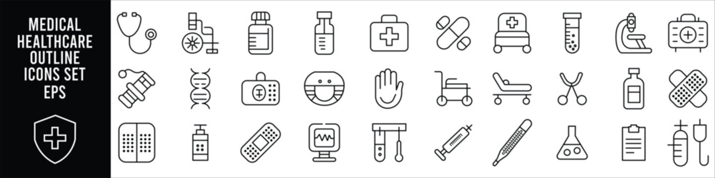Minimal medical healthcare outline icon set featuring hospital medicine pharmacy treatment diagnostic emergency surgical laboratory and wellness symbols for web and application design