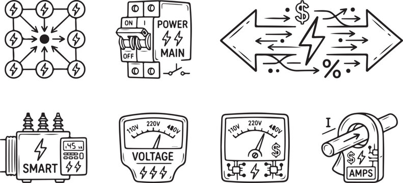 Hand Drawn Electricity and Smart Power Grid Icon Set, Electrician Tools Vector Set, Circuit Switch, Voltage Meter, Current Transformer, Energy Trade, Amperage Line Art Elements Collection