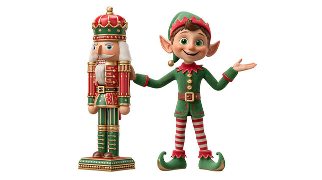 Christmas elf character with nutcracker soldier, festive holiday figurines, green and red toys isolated on Transparent Background