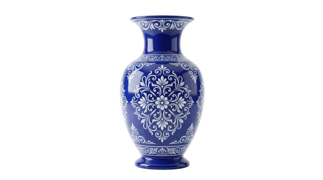 Elegant blue and white ceramic vase with intricate floral patterns and a classic shape, isolated on transparent background