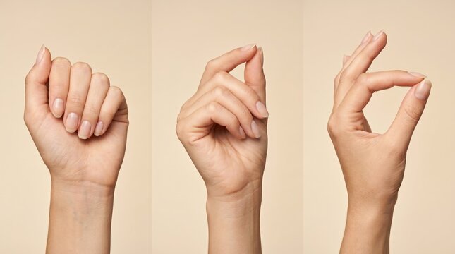 Female hands with manicured nails displaying various hand gestures against a neutral background, showcasing different positions and configurations of fingers