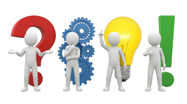 Group of four 3d humanoid figures with symbols representing questions ideas and solutions on a transparent background