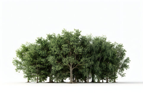 Dense cluster of green deciduous trees isolated on white background