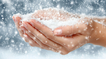 Fototapeta premium snowflakes gently fall onto tender human hands creating striking contrast between coldness of snow and warmth of