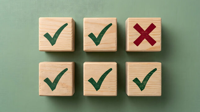 wooden blocks with checkmarks and red cross | right and wrong decision concept | quality control assessment symbols | voting and survey results icons | business success vs failure visual