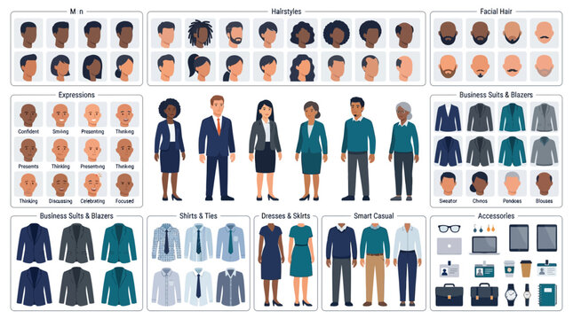 Customizable business character creator with diverse professional avatars with professional figures clothing character creation kit clothing accessories character design business people skin tone
