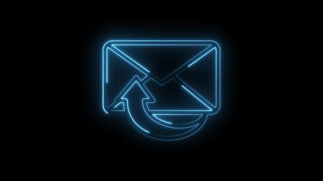 Glowing blue neon envelope icon with outgoing arrow animation on black background digital