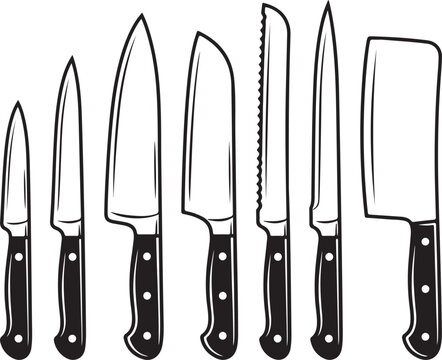 Set of various kitchen knives with wooden handles in line illustration