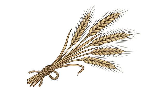 Illustration of a bundle of wheat stalks tied together with a rustic knot, showcasing detailed grains and natural golden hues isolated on transparent background