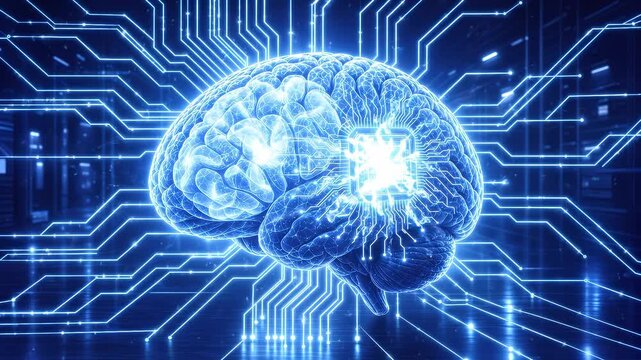 Artificial intelligence brain with glowing neural networks and microchip in server room. Lockdown shot of conceptual digital mind.