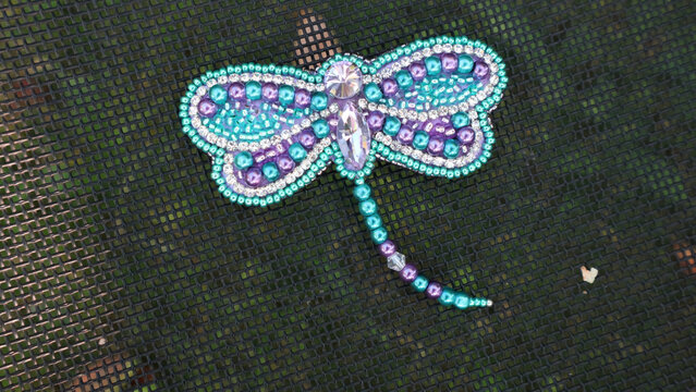Handmade Beaded Dragonfly Brooch on Mesh Background