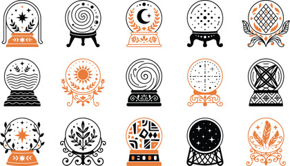 Collection of mystical crystal ball illustrations with celestial and esoteric symbols for fortune telling and magic design © Sumon Rana