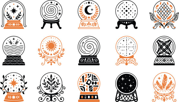 Collection of mystical crystal ball illustrations with celestial and esoteric symbols for fortune telling and magic design
