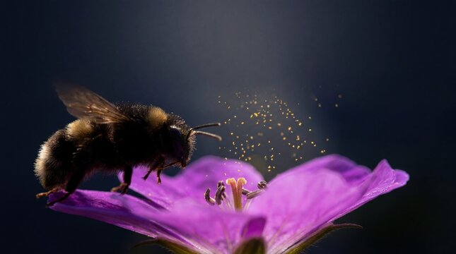 bee pollinating purple flower in nature capturing pollen grains