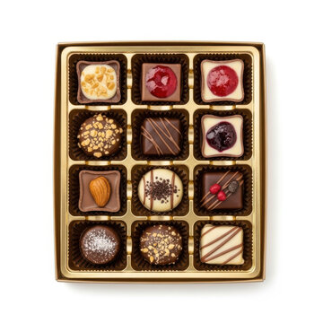 Top-down view of a square gold box filled with twelve assorted gourmet chocolates, featuring various toppings like nuts, fruit jam, chocolate drizzles, and sprinkles