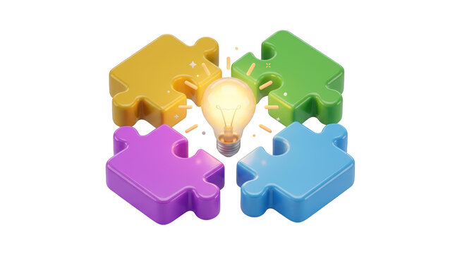 Colorful puzzle pieces arranged in a circle with a glowing lightbulb at the center symbolizing innovation and problemsolving isolated on transparent background