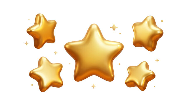 Collection of shiny gold starshaped balloons floating against a plain transparent background for celebration or decoration