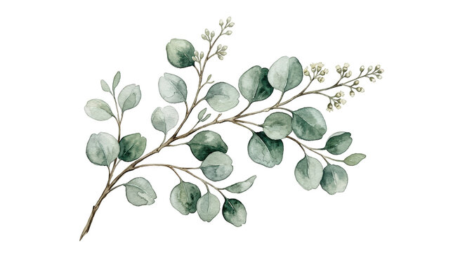 Watercolor illustration of a delicate eucalyptus branch with round green leaves and tiny white flowers on a transparent background
