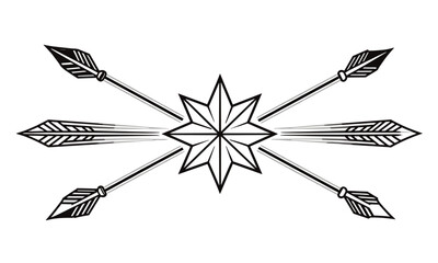 Fototapeta premium Heraldic star emblem with sharp arrows pointing outwards in a symmetrical monochrome line art style design.