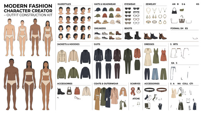 Modern fashion character creator kit featuring diverse human bases and trendy apparel accessory selection with comprehensive character construction figures various hairstyles wide selection clothing