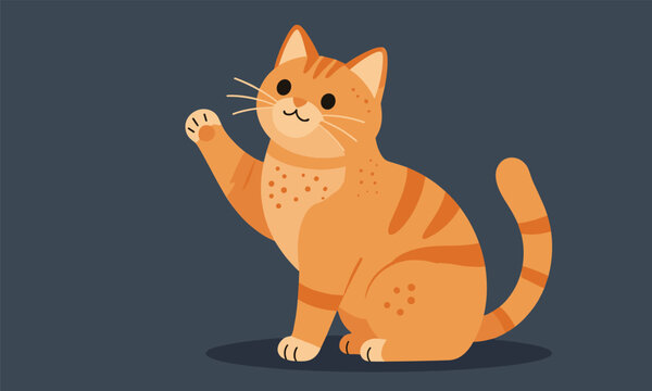 Cute ginger striped domestic cat sitting and waving its paw friendly on a dark grey solid background.