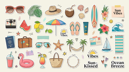 Summer vacation scrapbooking sticker set with tropical elements with displays collection colorful vacation themed stickers including tropical fruits gear travel accessories summer holiday traveling © craftsby.ib
