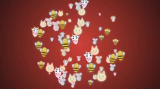 Animated cartoon bees cats cows and mice floating on red background