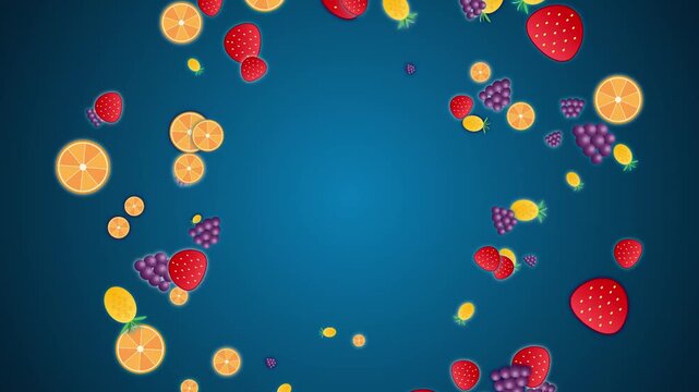 Animated Falling Fresh Fruits Icons Floating on a Blue Background