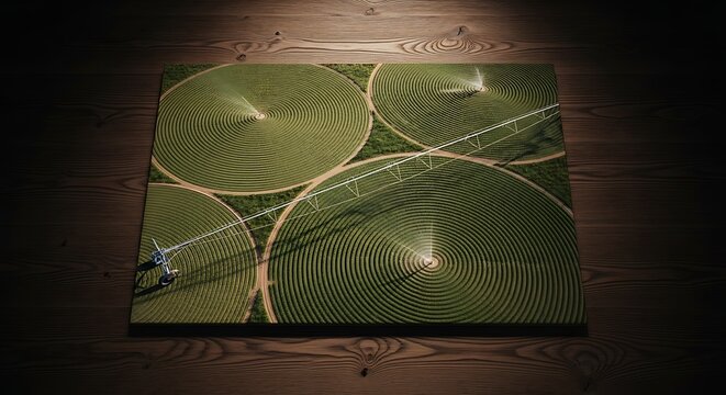 Circular Green Field Irrigation Aerial View on Wooden Table