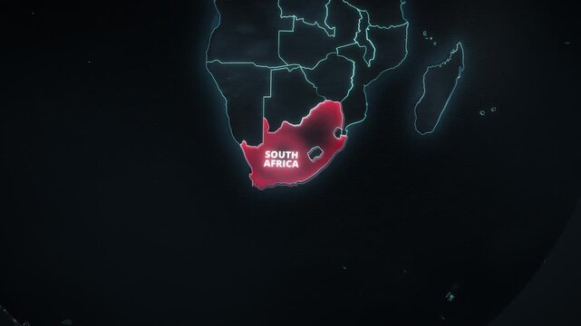 Digital map of South Africa, Africa, featuring a glowing red territorial highlight, bold typography, and dark modern graphics, ideal for a broadcast news presentation.
