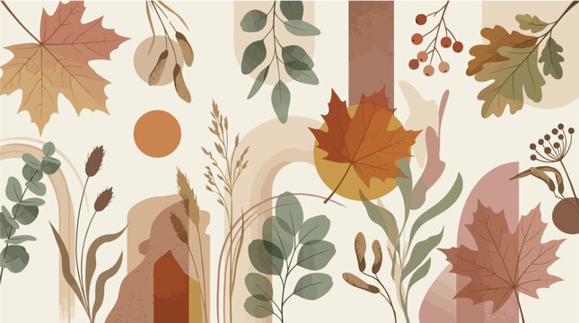 Abstract autumn botanical pattern design featuring hand drawn leaves and organic geometric shapes earthy tones with modern abstract composition foliage botanical elements elements layered over fall