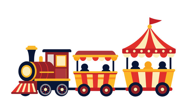 Cute colorful toy train with cartoon passenger carriages and circus tent details on white background.