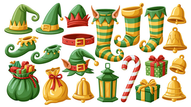 Christmas elf costume accessories set with hats shoes striped socks bells and gifts isolated on transparent background.