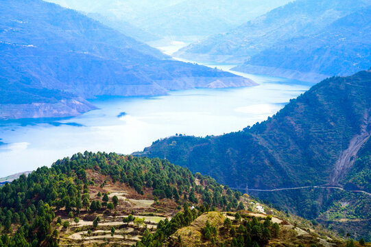 Mountain Valley Lake Landscape with Forested Hills