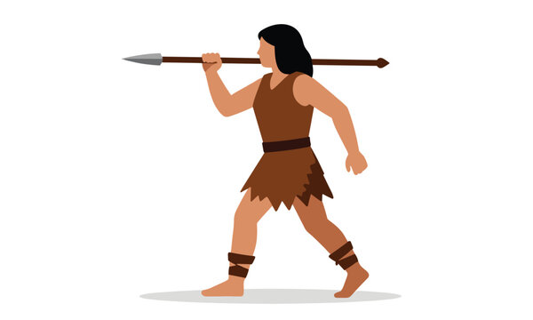 Prehistoric cavewoman walking while holding a wooden spear on her shoulder, depicted in a simple flat vector style.