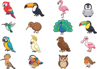 Obraz premium Cute Colorful Bird Collection Vector Set Featuring Parrot Toucan Flamingo Penguin Peacock Owl Kiwi Hummingbird and Exotic Wildlife Illustrations