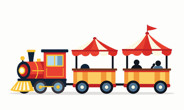 Colorful toy circus train with a red steam locomotive pulling two passenger cars decorated with striped tents.