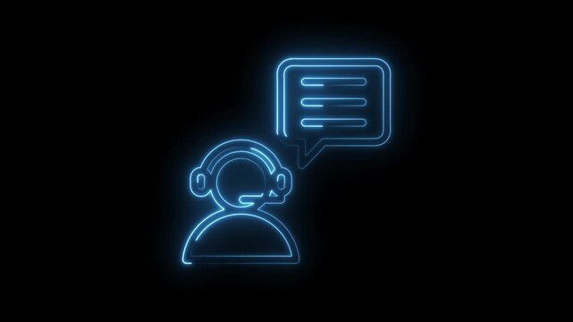 Neon outline of a person wearing headphones and a speech bubble with text lines glowing blue icon