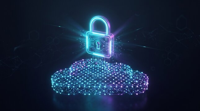 Digital padlock icon secured on a glowing abstract cloud network representing cloud computing security and data protection