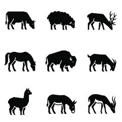 Set of black silhouette icons depicting various grazing farm and wild animals including cattle sheep deer horse bison goat llama donkey and antelope © Yudi