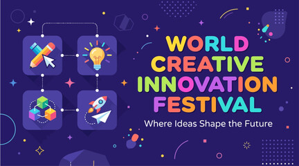Creative innovation festival graphic concept featuring colorful icons and modern typography on dark background with ideas deep purple background representing technology creativity displays vibrant © craftsby.ib