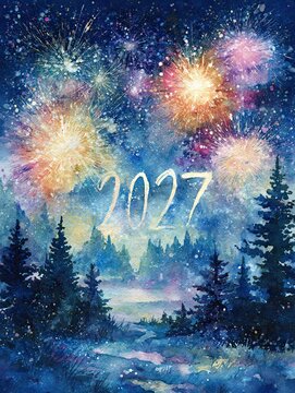 Aquarell Neujahr 2027 Gru&szlig;karte. Buntes Feuerwerk am Nachthimmel &uuml;ber verschneitem Winterwald. Magische Illustration f&uuml;r Silvester zum Drucken