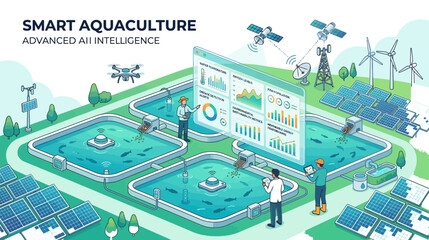 Smart aquaculture technology concept featuring automated fish farming infrastructure with data analytics dashboard with automated monitoring systems aquaculture facility using systems solar panels © craftsby.ib