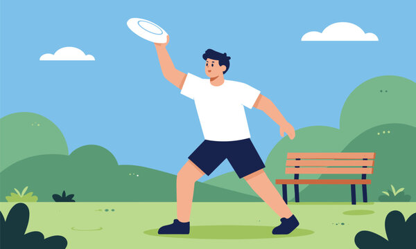 Active young man throwing a white flying disc or frisbee in a beautiful green park under a bright blue sky.