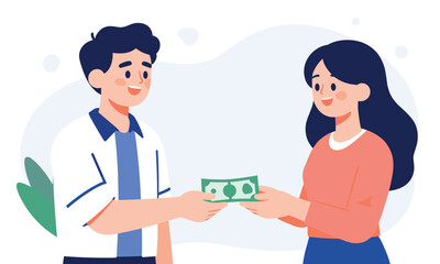 Fototapeta premium Young man hand over paper cash bill to a smiling woman representing transaction, payment, financial dealing, or sharing money.