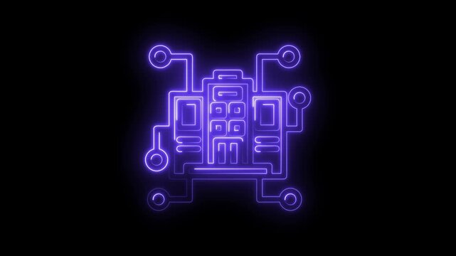 Abstract glowing purple neon circuit board schematic representing digital network connection icon