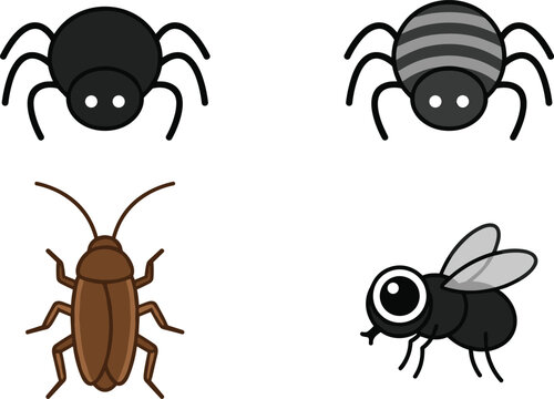 Cute Cartoon Insect and Pest Vector Illustration Spider Cockroach and Fly Icon Set