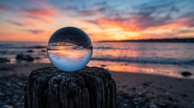 Glass Ball Reflecting Beautiful Sunset Beach Scene