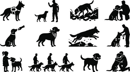 Fototapeta premium Black silhouette featuring service dogs, police dogs, and their handlers in various training, working, and companionship scenarios